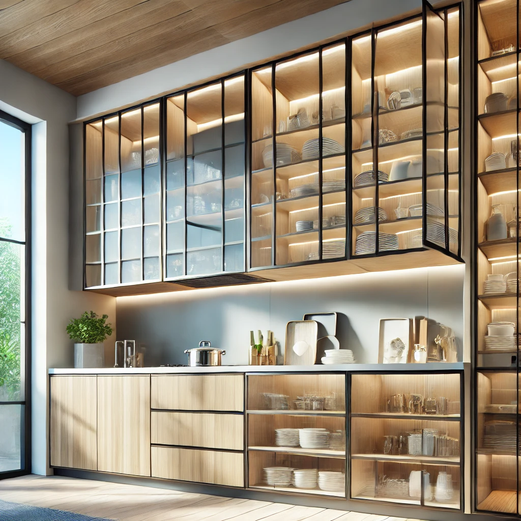 Modern kitchen featuring glass door cabinets by Zenith Glass and Mirror, blending elegance and functionality with clear and frosted glass panels.