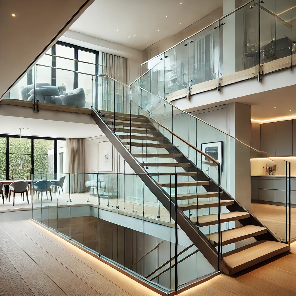 Sleek glass railing installed on a staircase in a modern home by Zenith Glass and Mirror, combining safety and contemporary elegance.