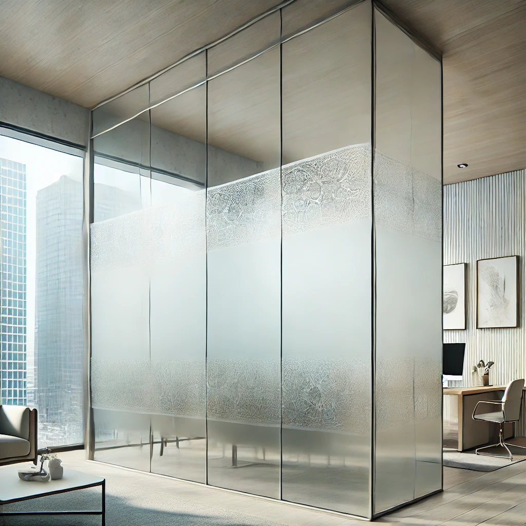 Frosted glass panel used as a stylish privacy divider by Zenith Glass and Mirror, blending functionality with modern design.