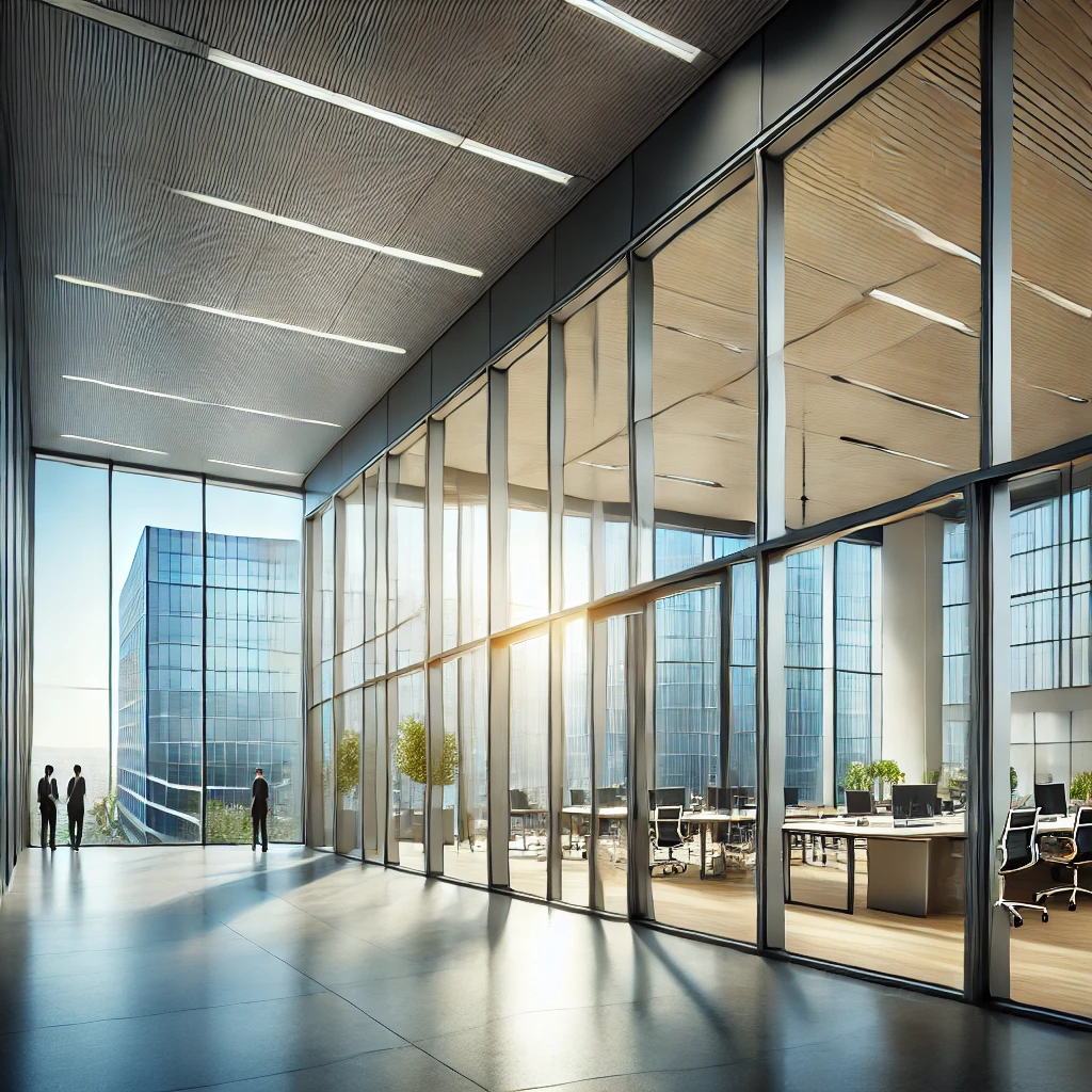 Modern office building with floor-to-ceiling commercial windows by Zenith Glass and Mirror, offering energy efficiency and professional design.