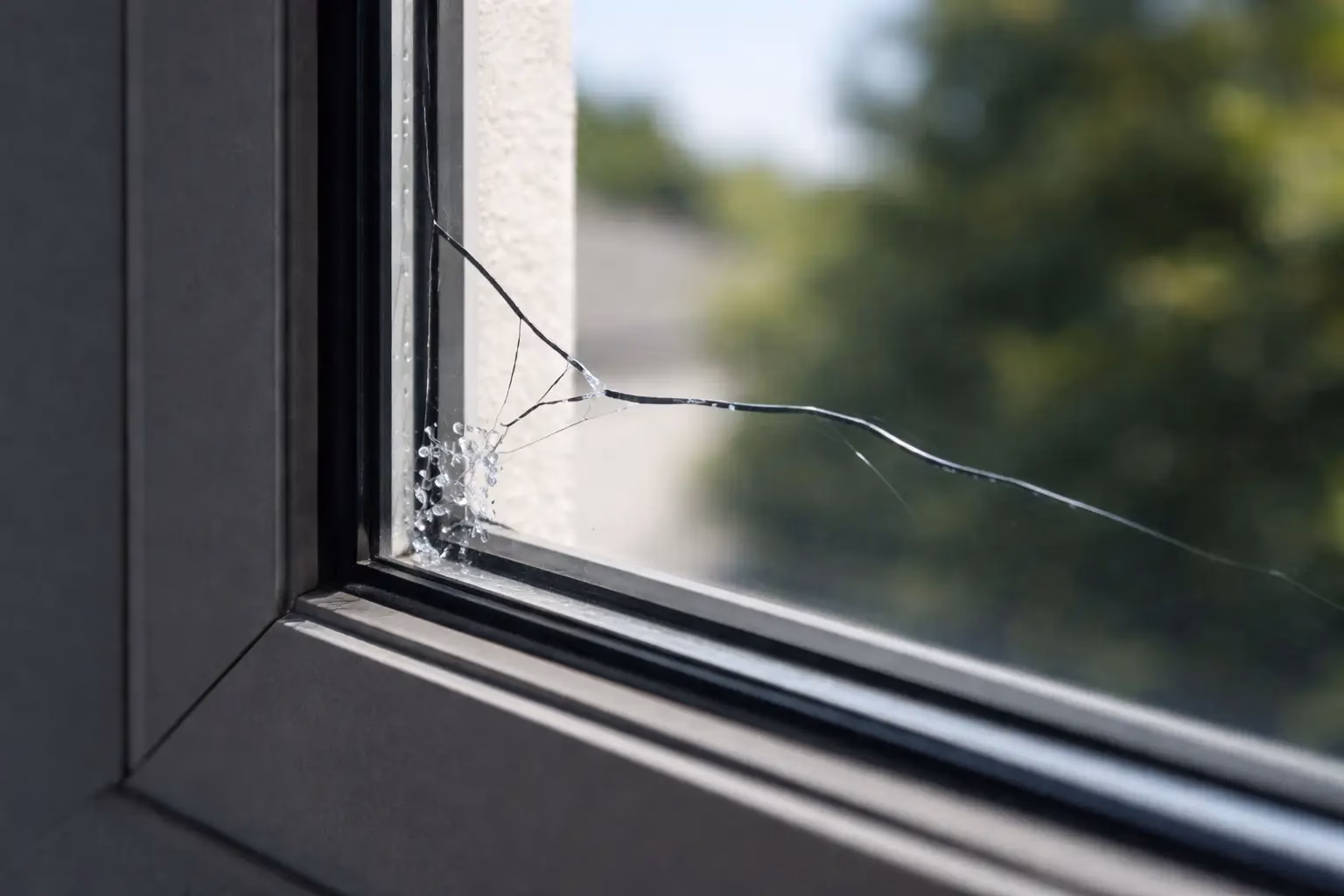 Close-up of a window stress crack starting at the edge of the glass