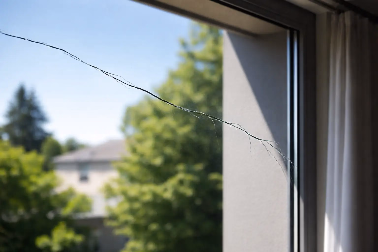 Window stress cracks in a residential window caused by uneven temperature exposure