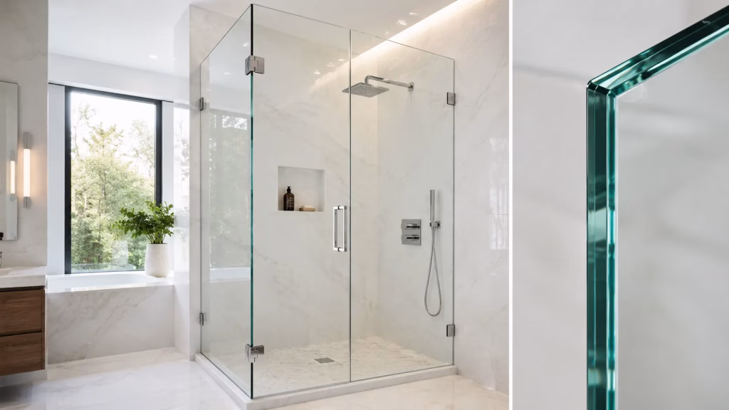 Thick frameless shower glass panel in a modern bathroom