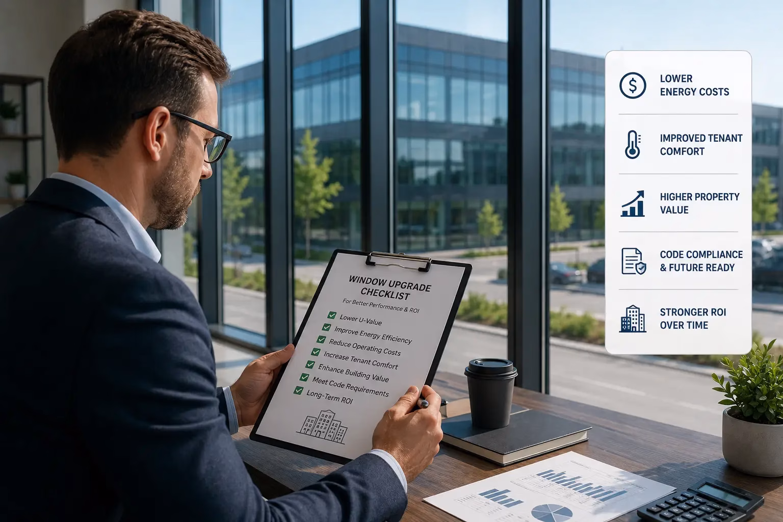 Property investor reviewing energy efficient glass upgrade checklist