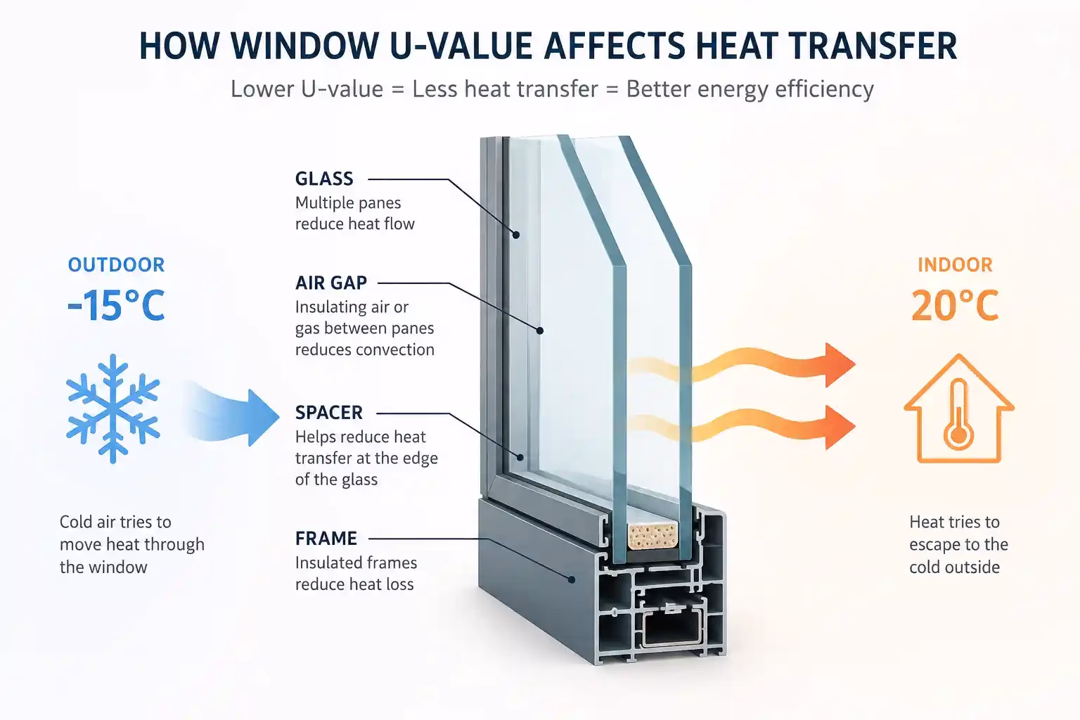 Diagram explaining how window U value affects heat transfer