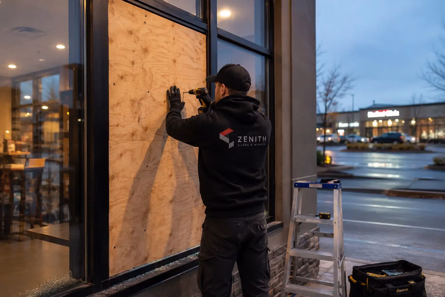 Technician installing emergency board-up over a damaged Toronto storefront window
