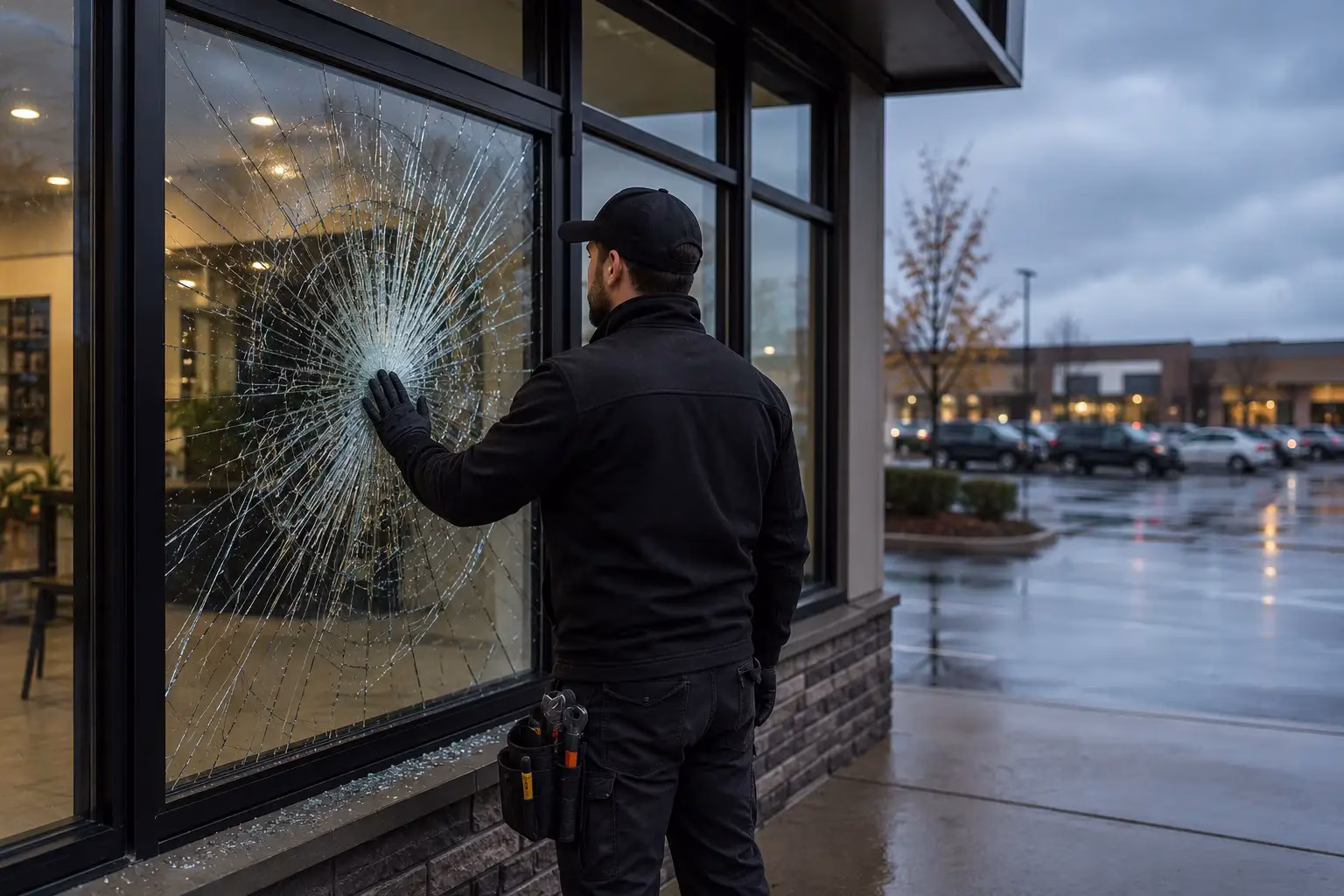 Technician inspecting a shattered storefront window for emergency glass repair in Toronto