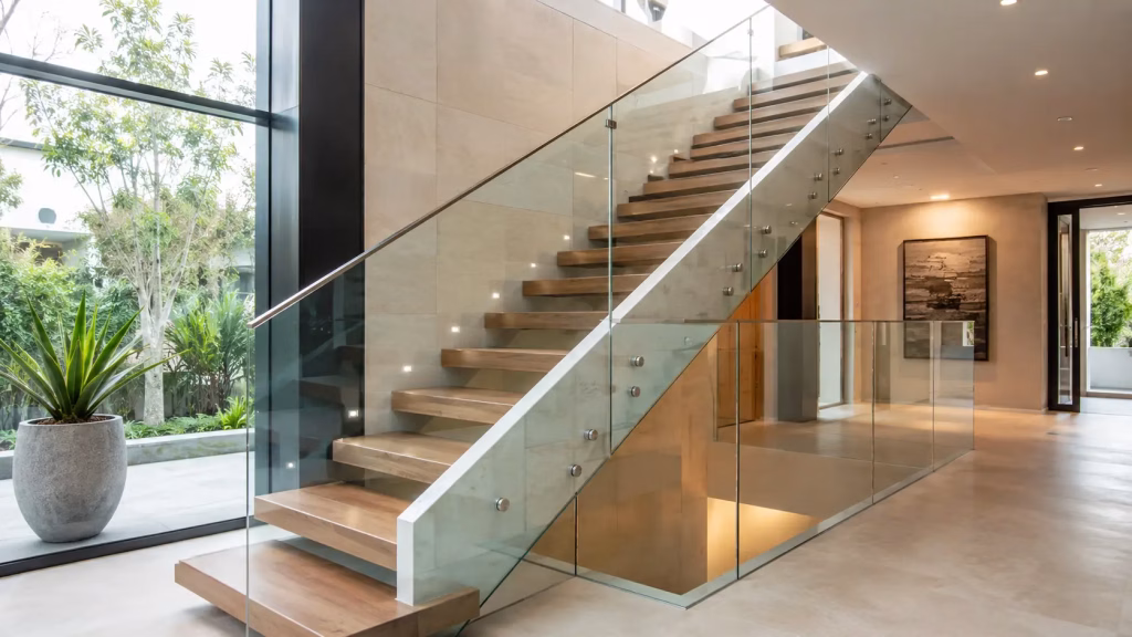 Staircase with glass railing, highlighting safety glass requirements.