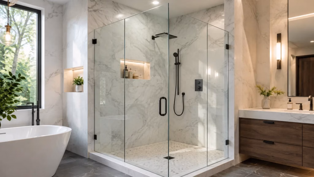 Modern glass shower door illustrating safety glass requirements.