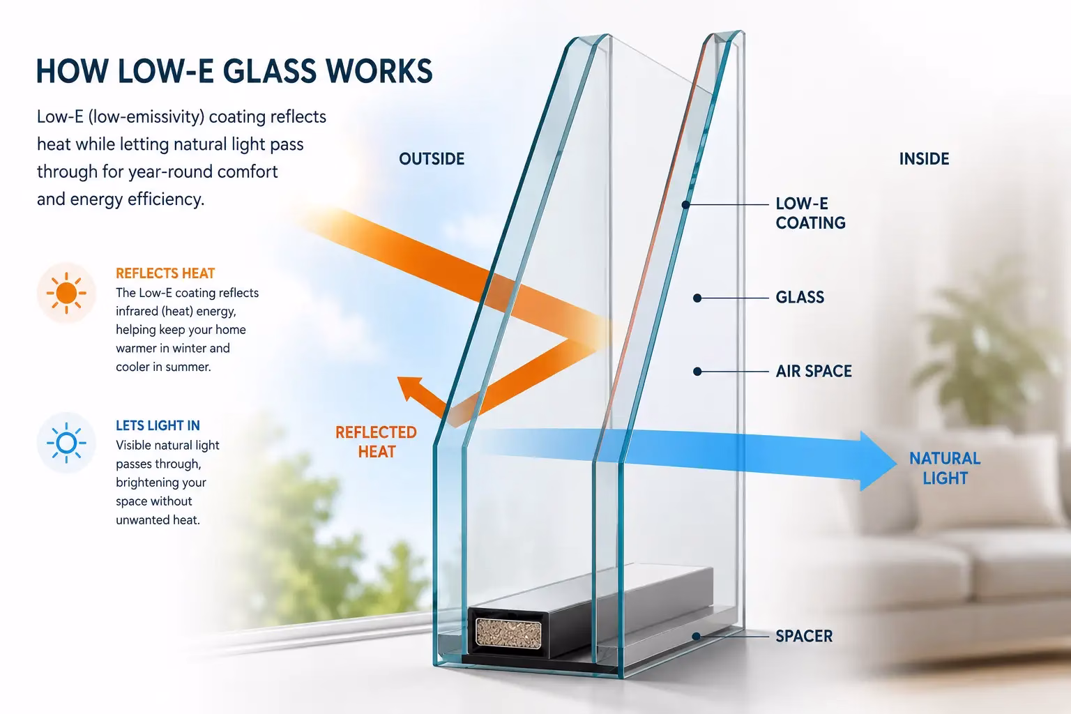 Diagram showing how a low e coating reflects heat through window glass