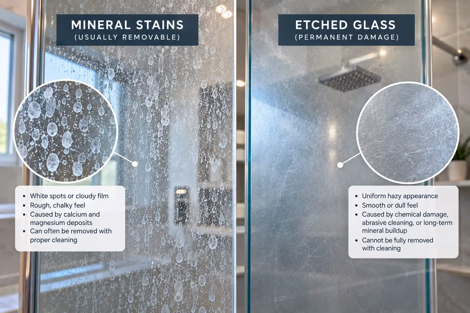 Difference between mineral stains and etched shower glass