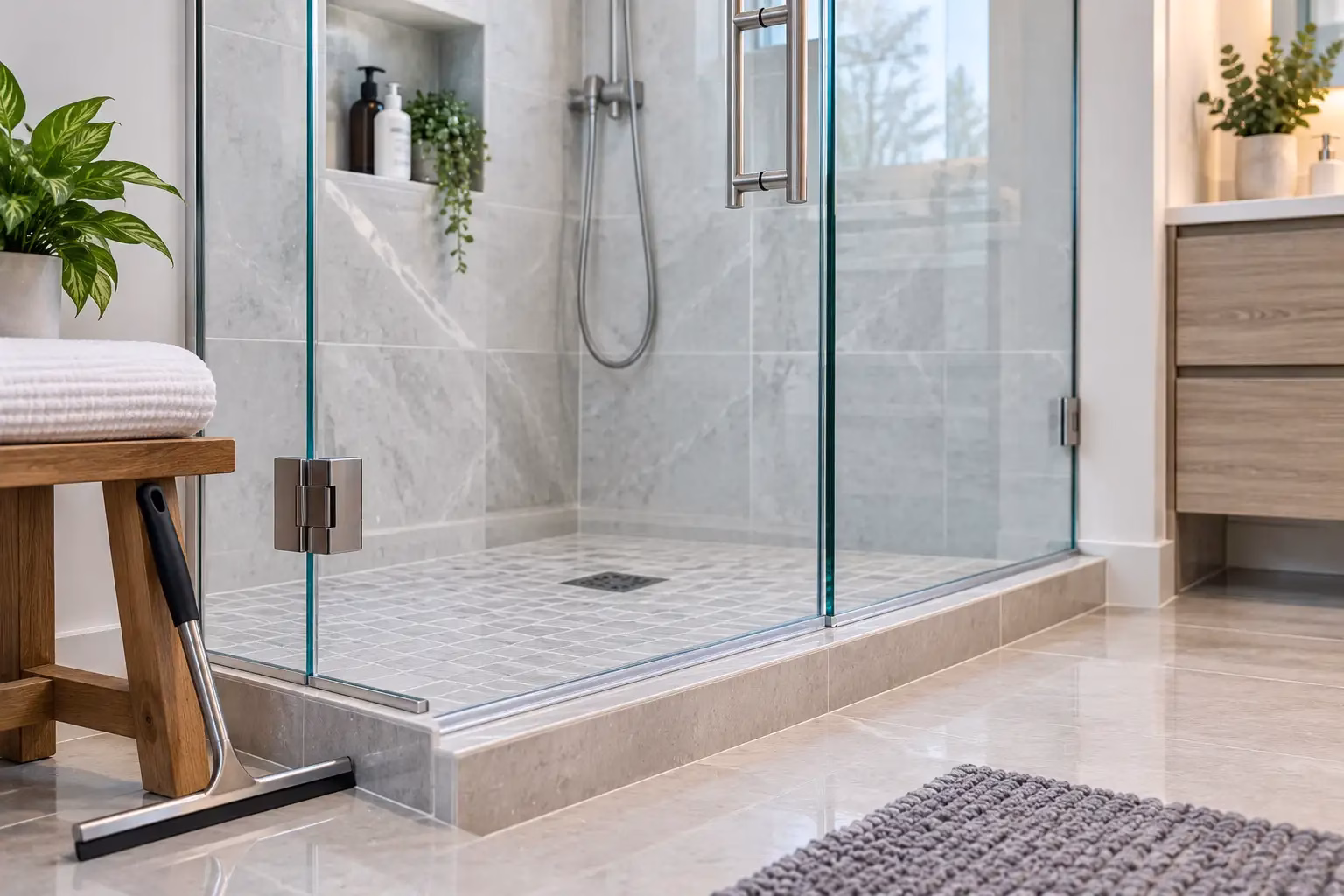 Well-maintained frameless shower door with clean seals and hardware