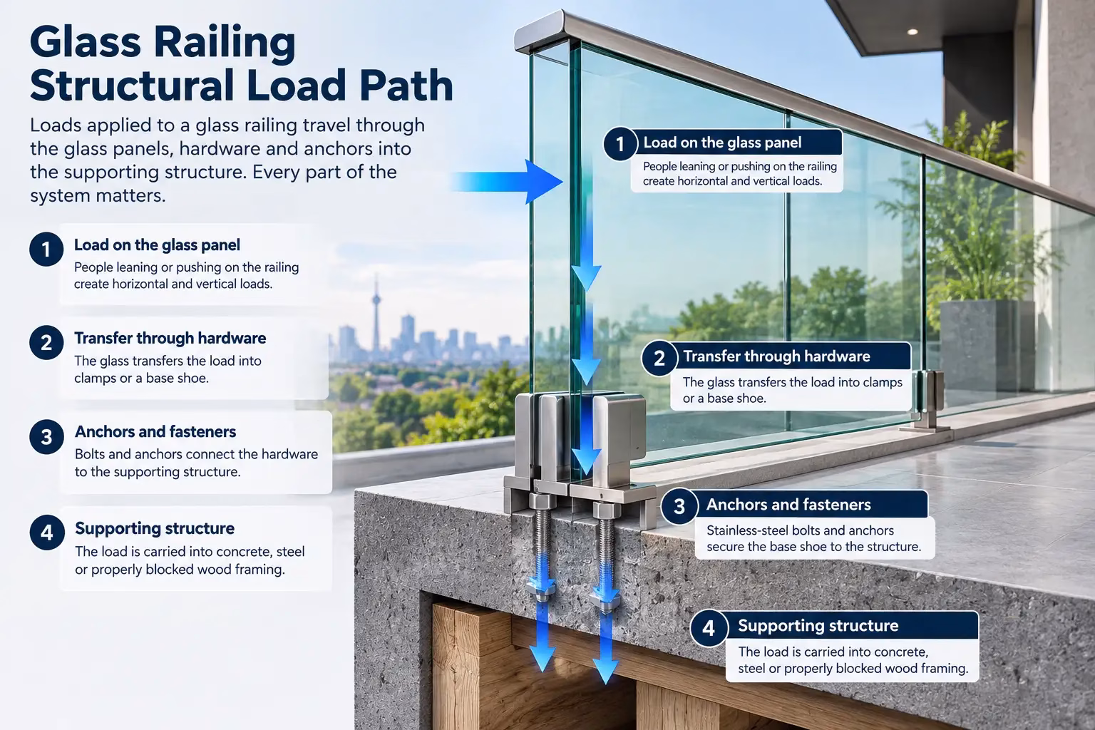 Glass railing structural load path through panels, hardware and anchors