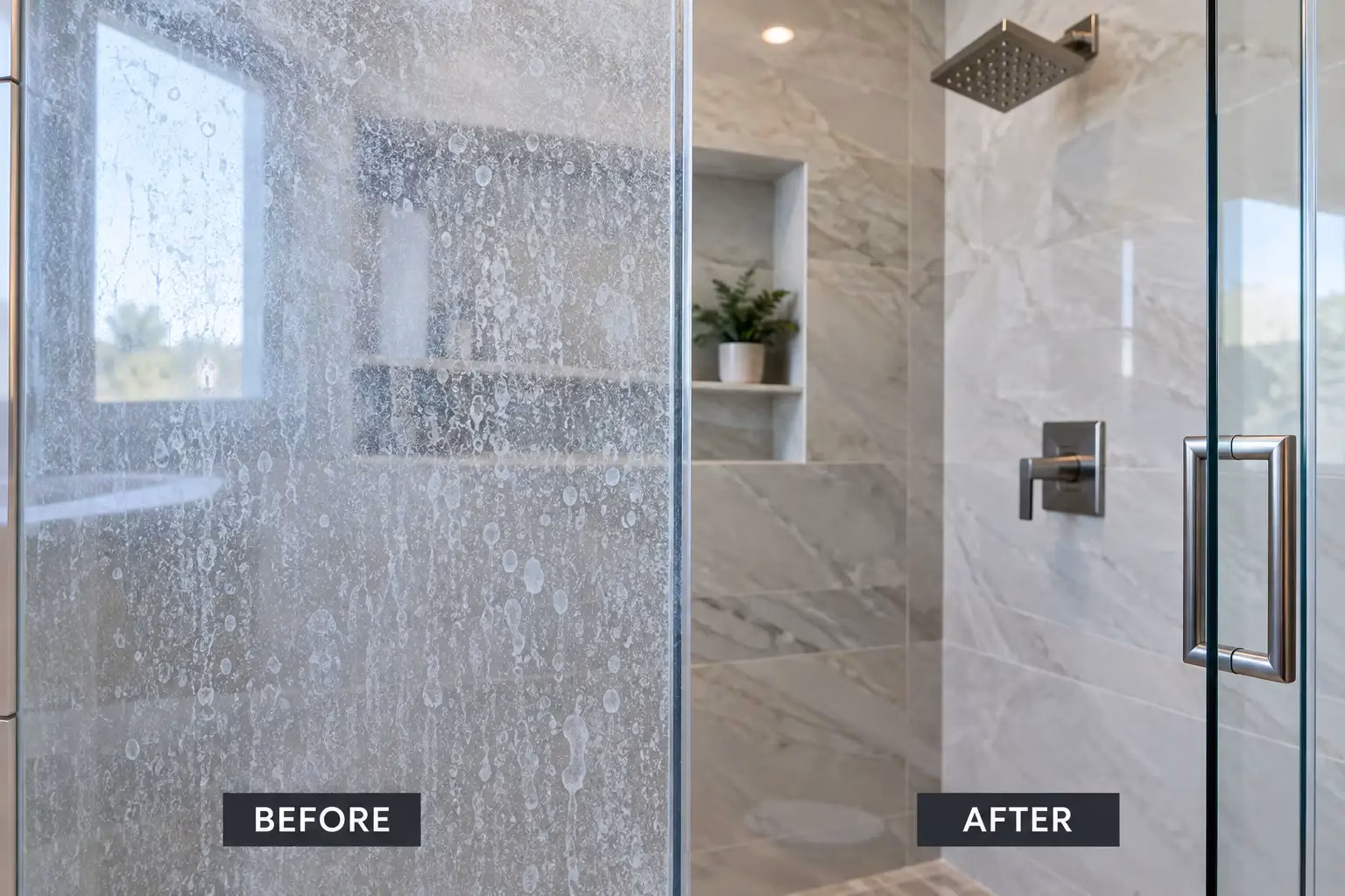 Hard water stains on glass shower door before cleaning