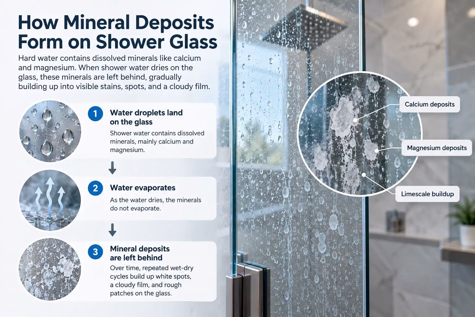 Mineral deposits left on shower glass after water evaporates