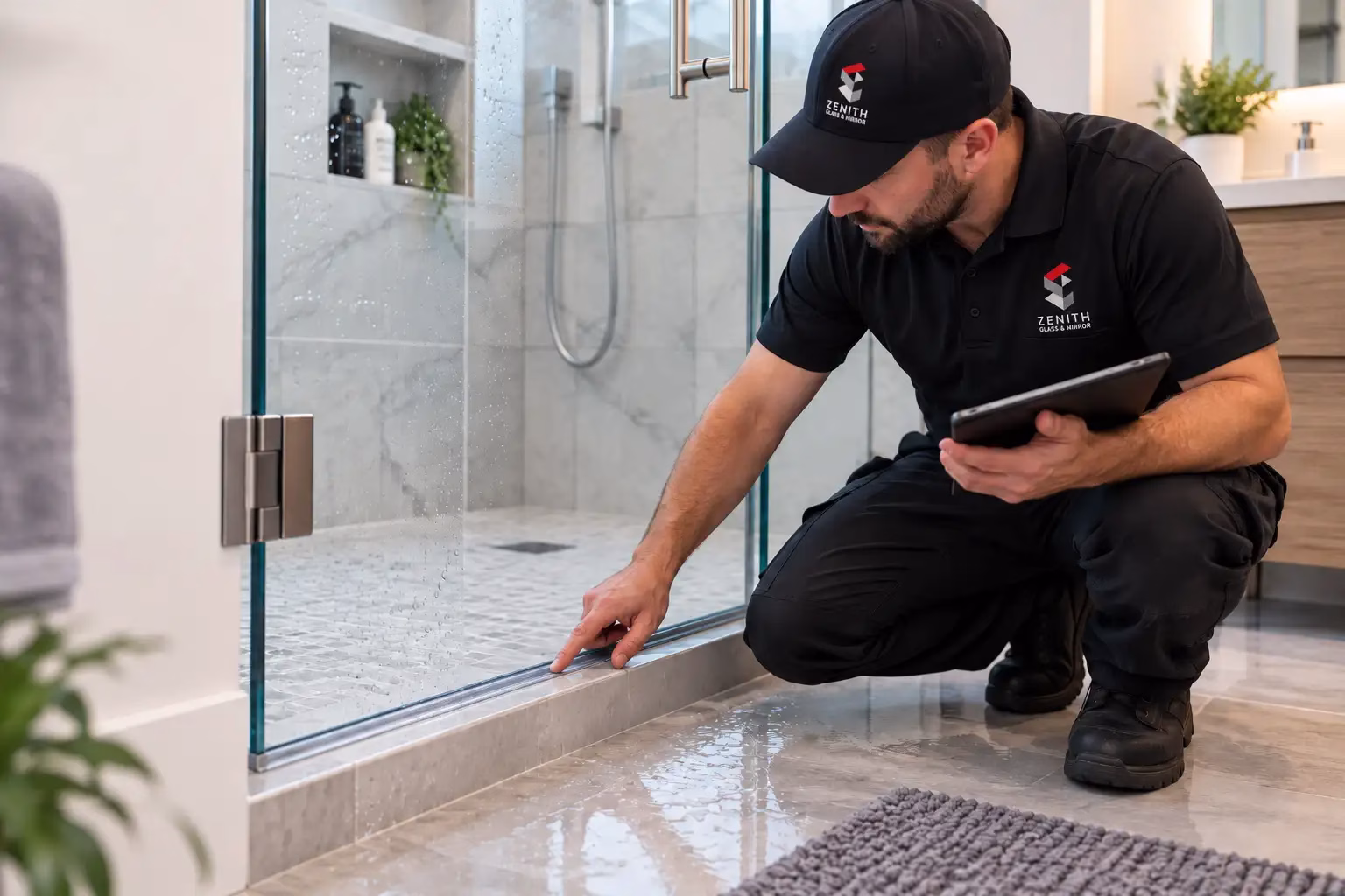 Shower door leaks being diagnosed at a frameless glass enclosure