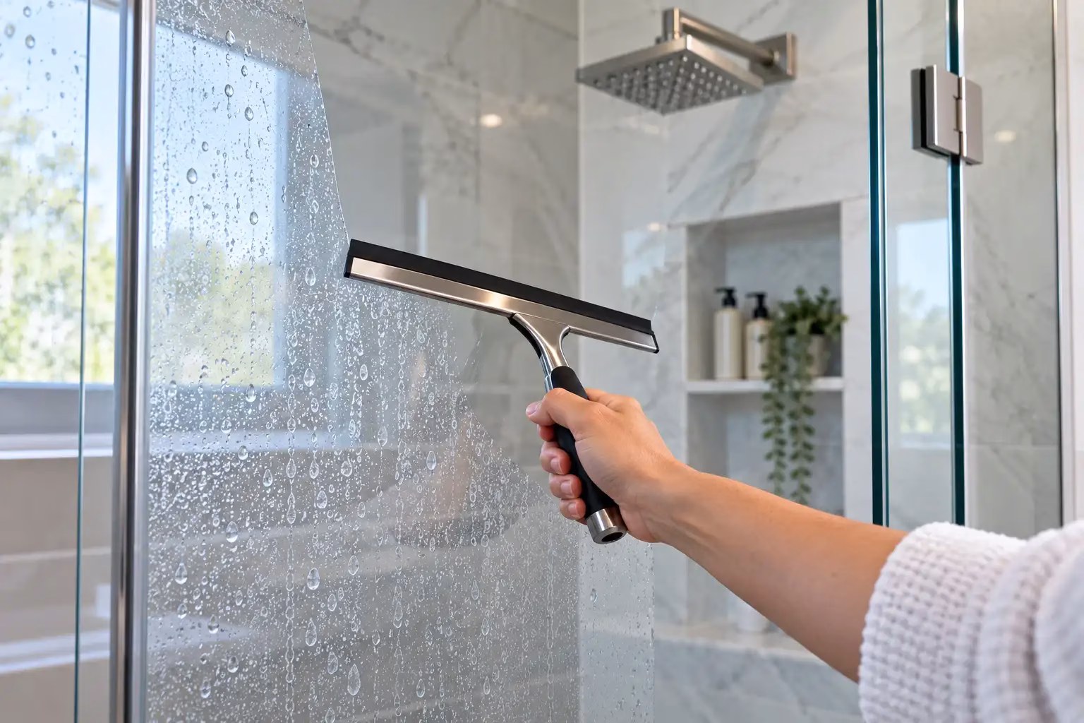Squeegee removing water from a frameless shower door to prevent mineral spots