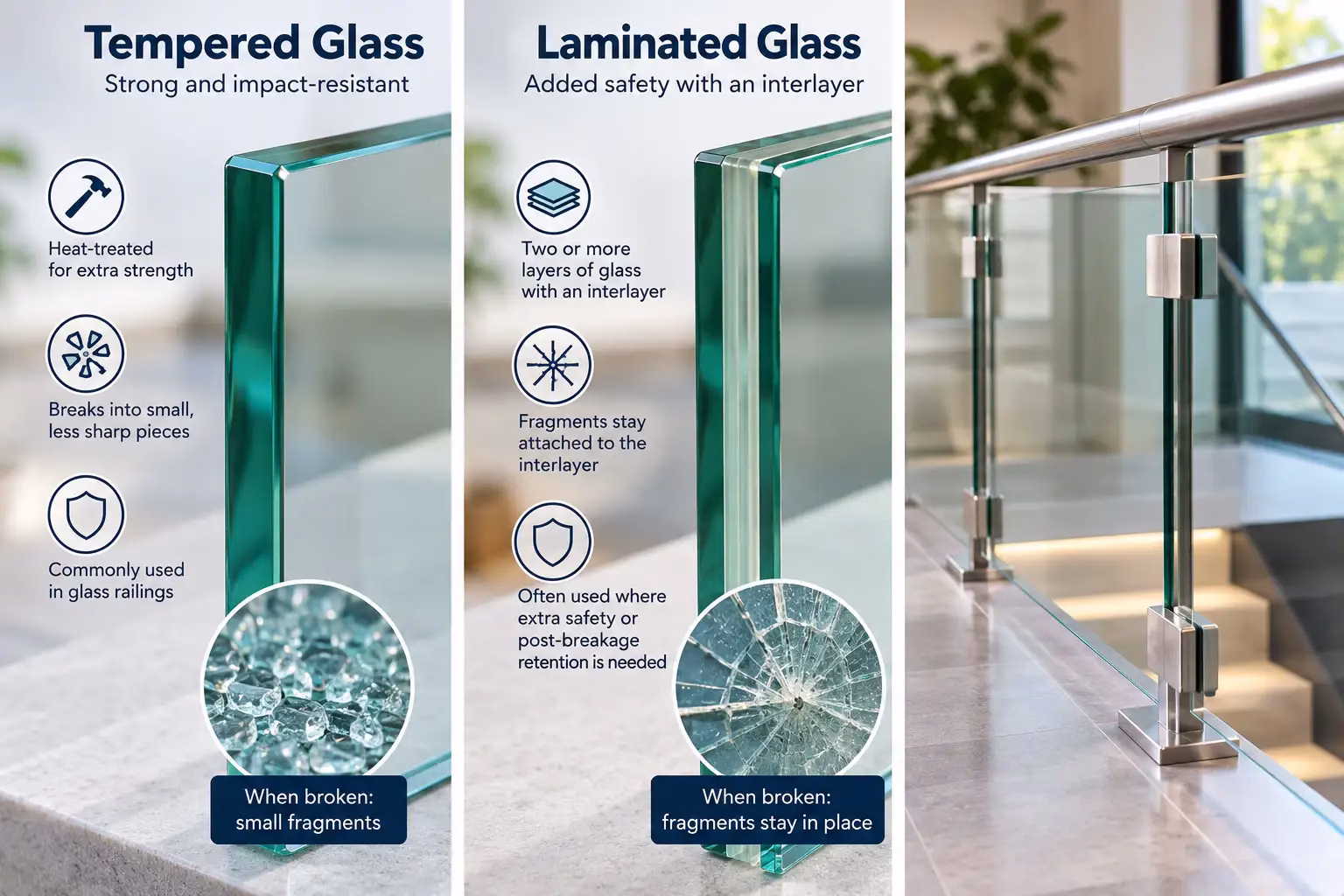 Tempered and laminated safety glass options for glass railings