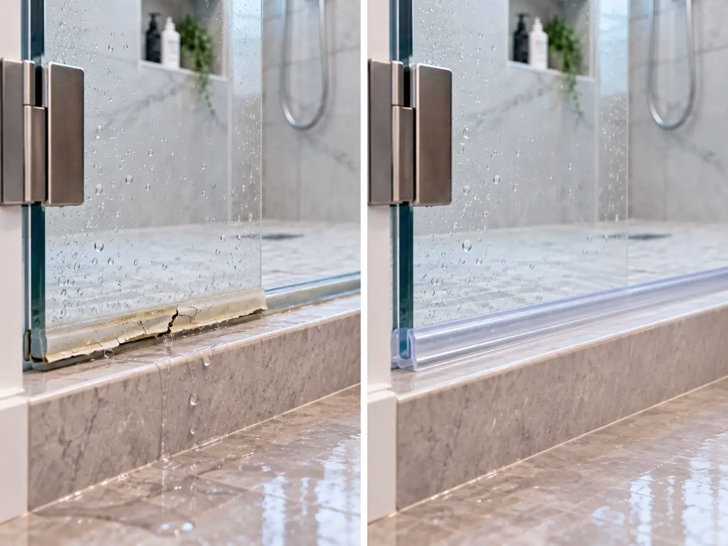 Worn shower door sweep compared with a properly fitted clear seal