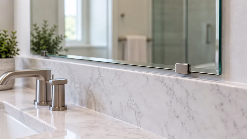 Bathroom mirror mounted with clips and a small gap above the backsplash for drainage