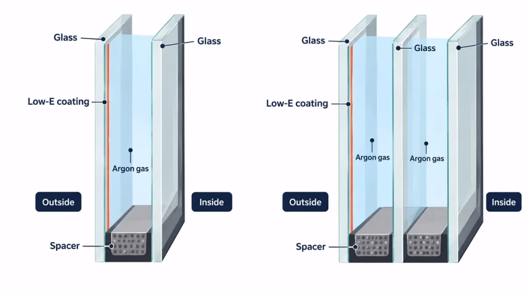 Cross-section diagram comparing a double-pane and a triple-pane insulated glass unit