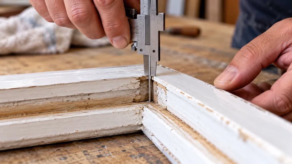 Glass technician measuring the glazing pocket depth of a window sash with a tape measure
