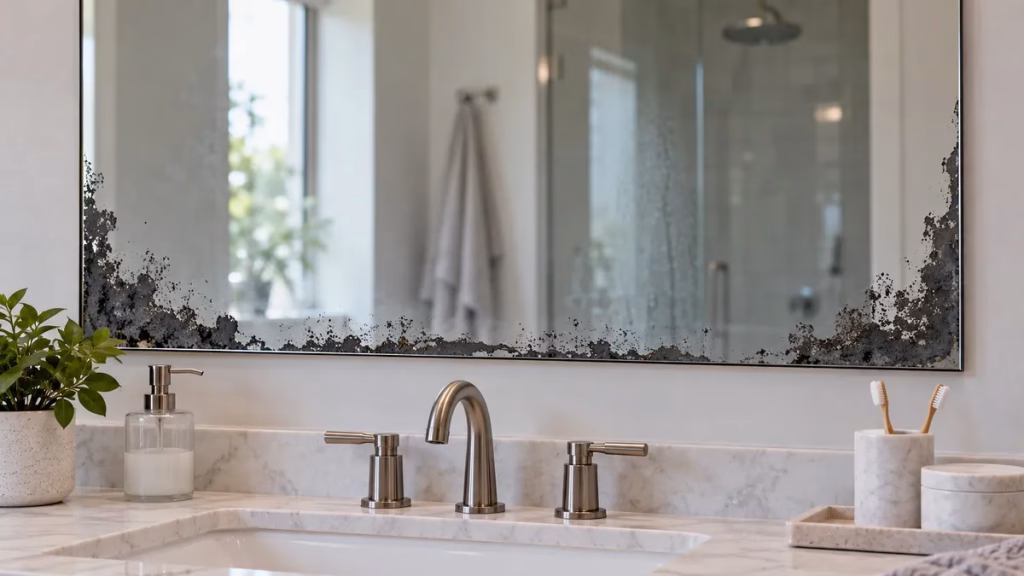 Mirror desilvering showing black edges along the bottom of a bathroom vanity mirror