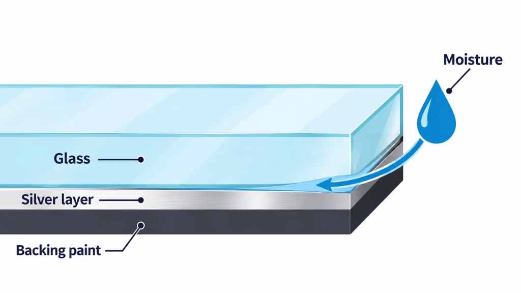 Diagram of mirror layers showing glass, silver coating and protective backing paint