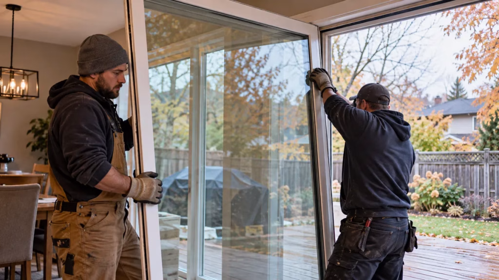 Glass installers setting a new sealed unit during a patio door glass replacement
