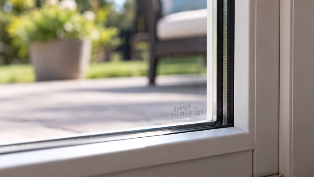 Tempered safety glass certification stamp in the corner of a patio door glass panel