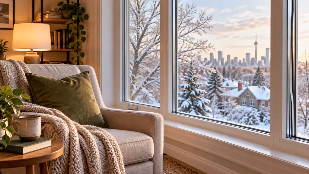 Triple pane windows in an Ontario living room with frost and early snow outside