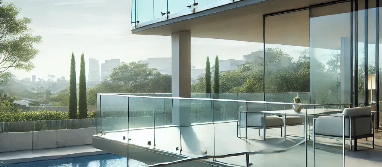 Modern outdoor glass railing system by Zenith Glass and Mirror, featuring clear tempered glass panels with minimalist metal frames.