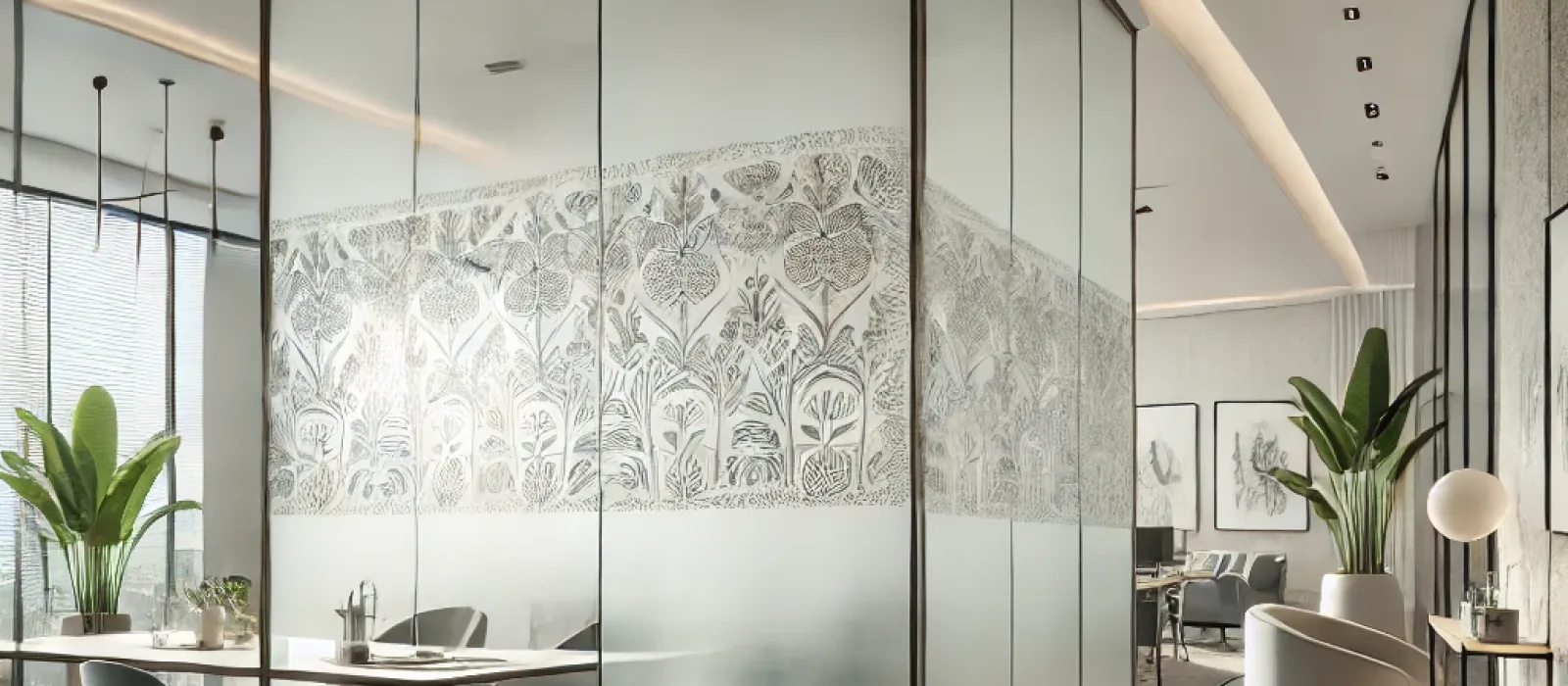 Frosted glass privacy divider by Zenith Glass and Mirror, featuring decorative patterns in a modern, light-filled interior.