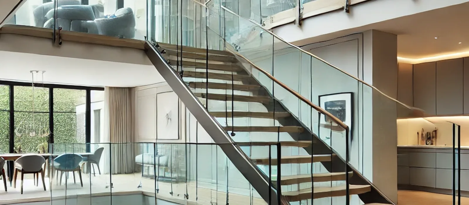 Sleek glass railing installed on a staircase in a modern home by Zenith Glass and Mirror, combining safety and contemporary elegance.