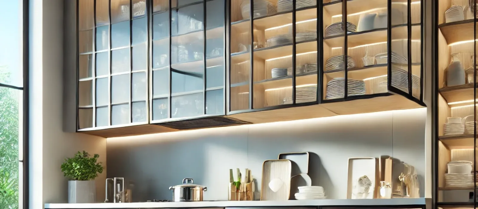 Modern kitchen featuring glass door cabinets by Zenith Glass and Mirror, blending elegance and functionality with clear and frosted glass panels.