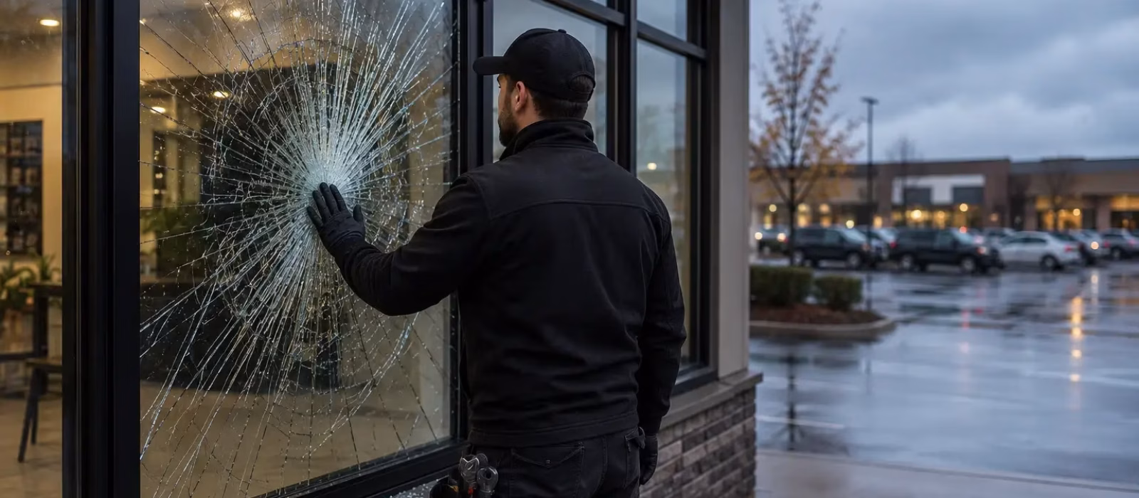 Technician inspecting a shattered storefront window for emergency glass repair in Toronto
