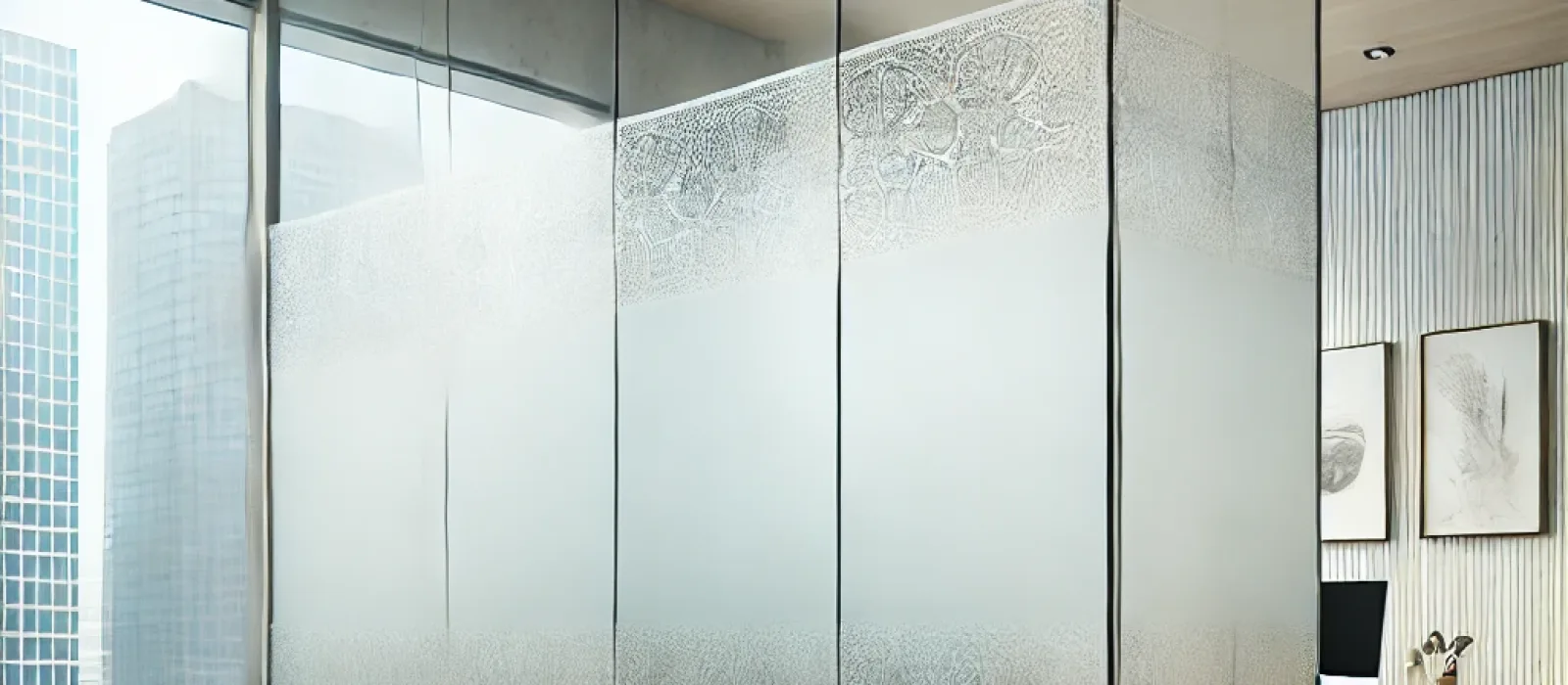 Frosted glass panel used as a stylish privacy divider by Zenith Glass and Mirror, blending functionality with modern design.