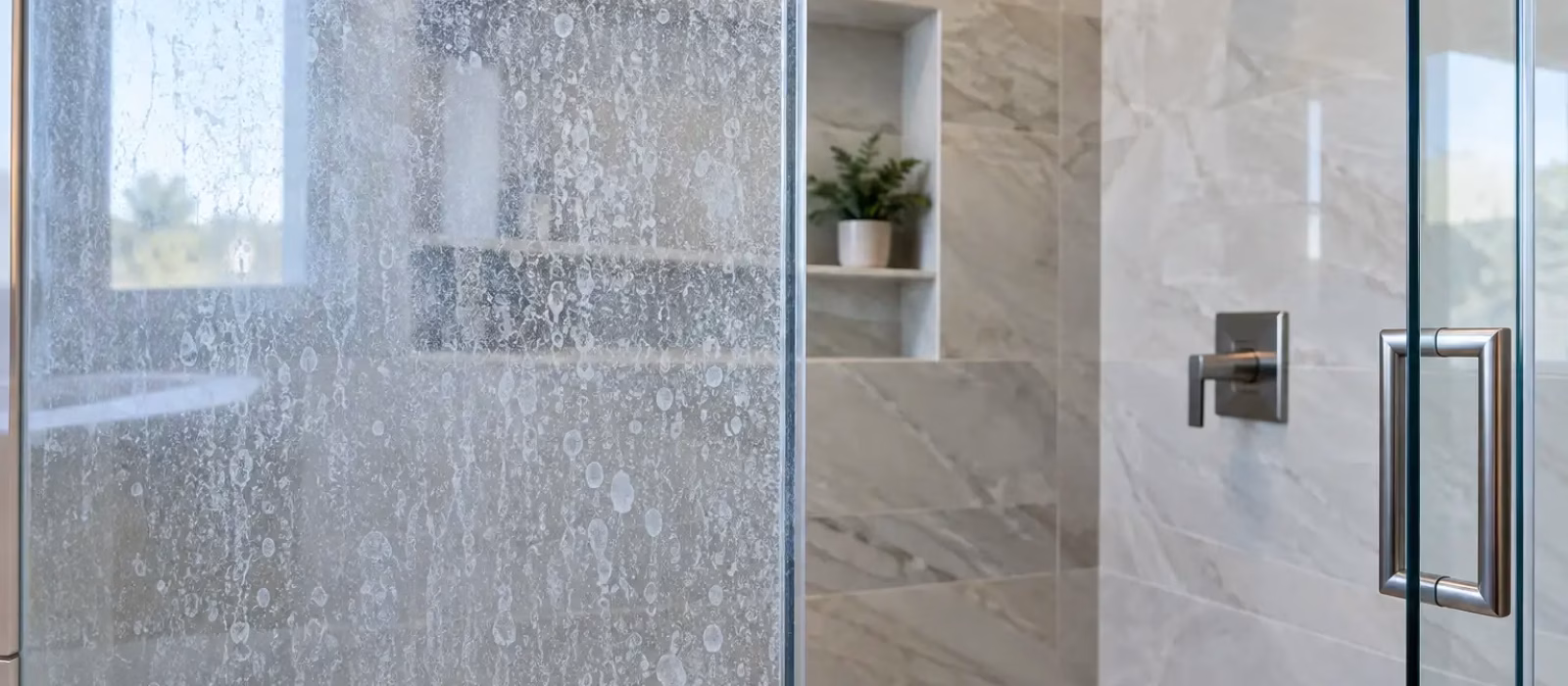 Hard water stains on glass shower door before cleaning