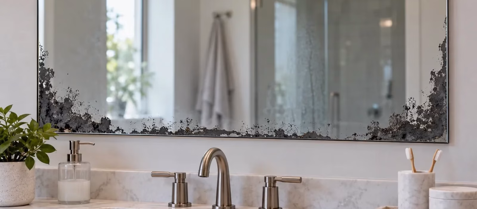 Mirror desilvering showing black edges along the bottom of a bathroom vanity mirror