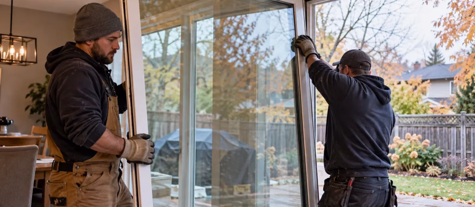 Glass installers setting a new sealed unit during a patio door glass replacement