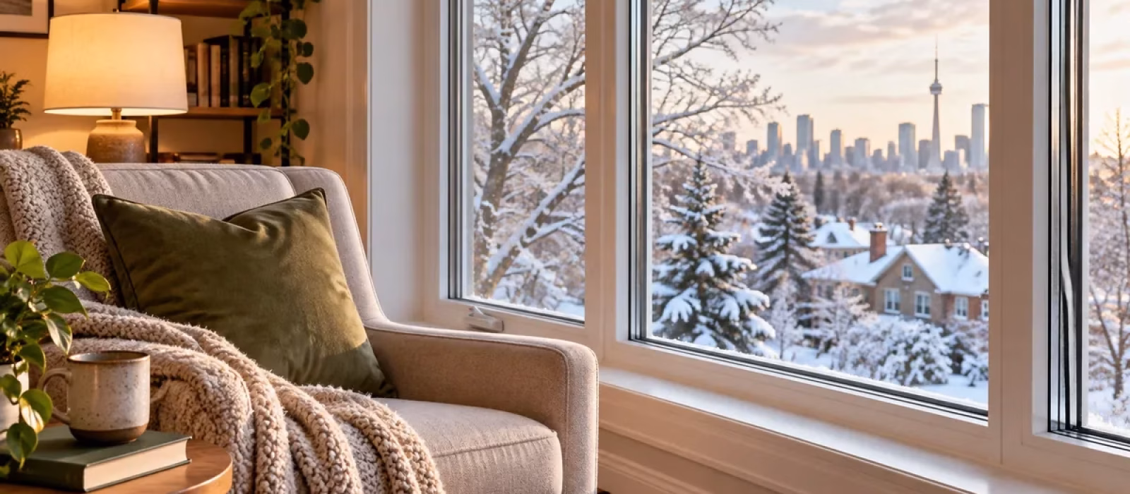 Triple pane windows in an Ontario living room with frost and early snow outside